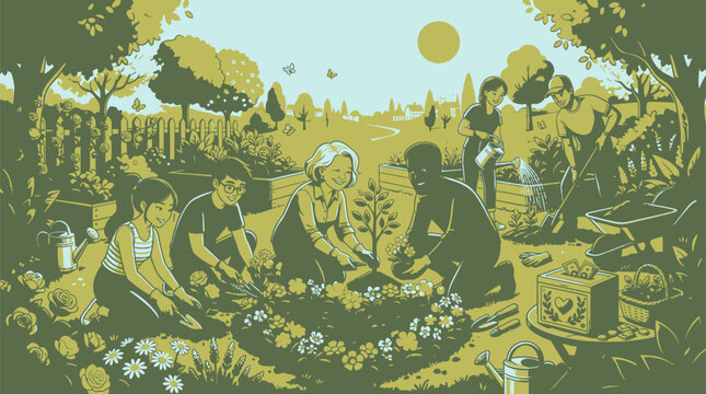 Group of people joyfully gardening together in a sunlit community flower bed with depicts cheerful group individuals engaged gardening activities