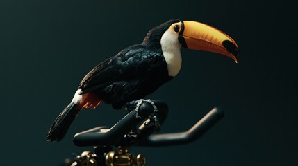 Naklejka premium Colorful Toucan Perched on Miniature Bicycle Handlebars