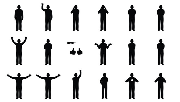 Silhouettes of a man in various standing poses showing diverse hand gestures and body language expressions.