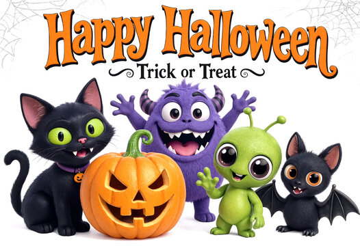 Cute halloween characters with jack o lantern for trick or treat celebration and fun party