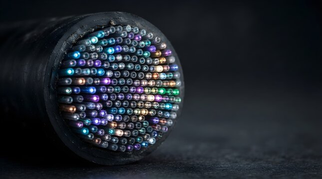 Dense fiber optic cable cross section with multicolored illuminated strands