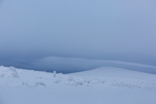 Snow on Manpupuner plateau, Komi Republic, Russia. Winter landscape