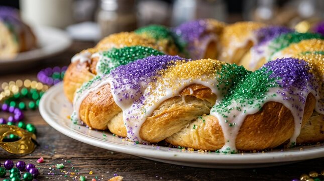 Traditional Mardi Gras king cake with colorful icing and sprinkles on a wooden surface