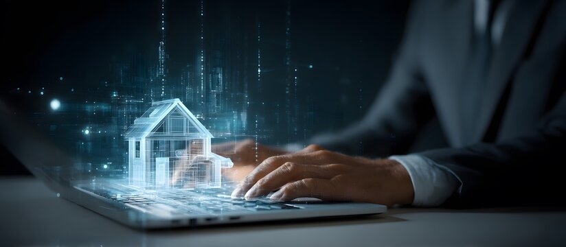 Business professional using a laptop with an overlay of house icons showing real estate market trends