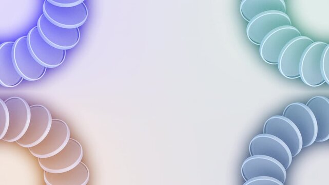 Abstract background featuring rotating coin stacks arranged in four corners with smooth color changing gradients creating fluid motion effect 3d render.