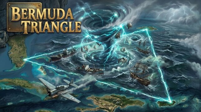 Bermuda Triangle Mystery Illustration with Stormy Sea, Vortex, Lightning, Lost Ships, and Airplane