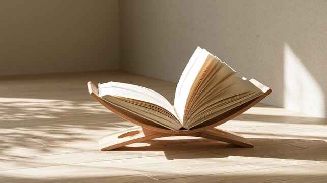 Open book on wooden stand in soft sunlight