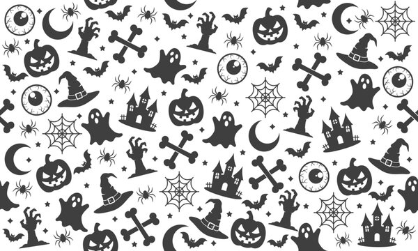 Halloween Seamless Vector Pattern for Wrapping Paper, Textile, Wallpaper and Packaging, Spooky Black and White Repeat Background