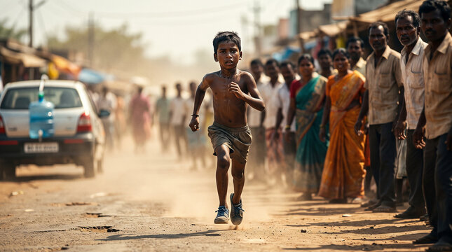 Indian boy sprinting barefoot on a dusty rural village road with focused determination, cinematic running shot