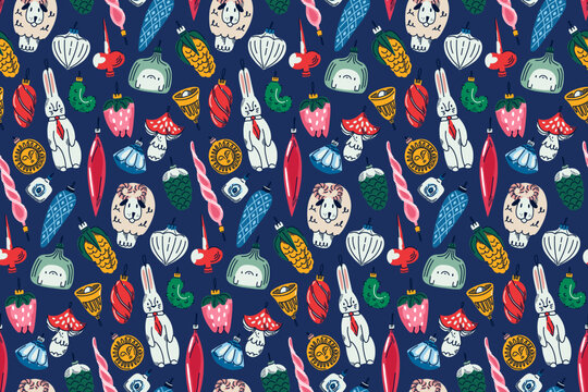 Seamless Christmas Pattern with Colorful Vintage Ornaments, Baubles, Bells and Festive Holiday Decorations