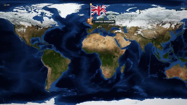 Global news map with usa and united kingdom country highlights and animated flags for international business and geopolitical reporting