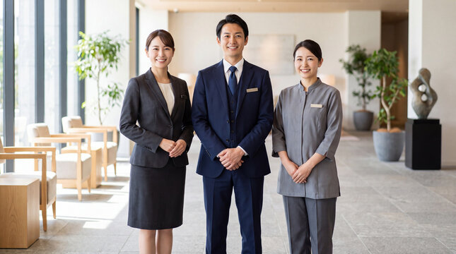 Professional business people staff standing together hotel concierge friendly confident smiling Japanese office lobby