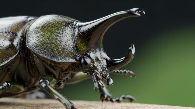 Macro Close Up of a Rhinoceros Beetle Resting on a Branch