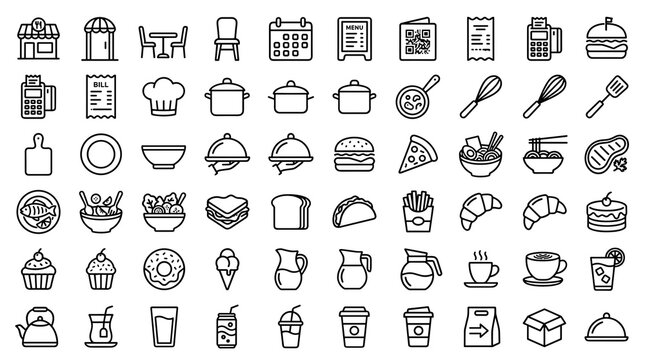Food Beverage and Restaurant Editable Outline Icon Pack with Cafe Menu Cooking Takeaway and Dining Symbols for Digital Design