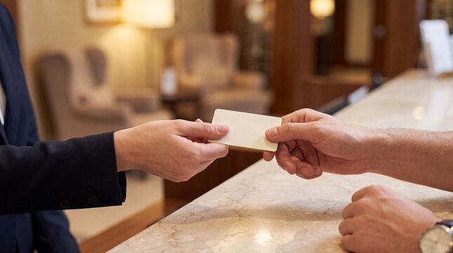Friendly receptionist handing hotel key card to guest at counter desk with helpful service and welcoming professional mood
