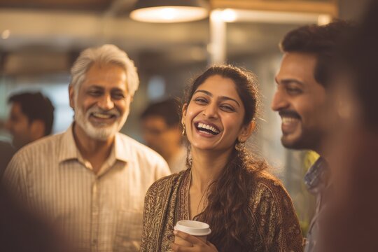 Indian office workers of different generations laughing together during a casual coffee break in a modern workplace, showing cultural diversity, teamwork, friendship and positive employee wellbeing