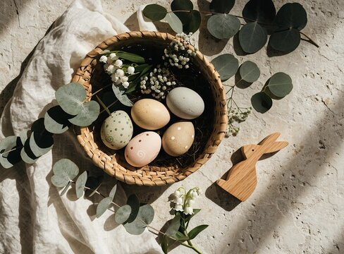 rustic Easter still life, hand-painted eggs in muted pastel colors