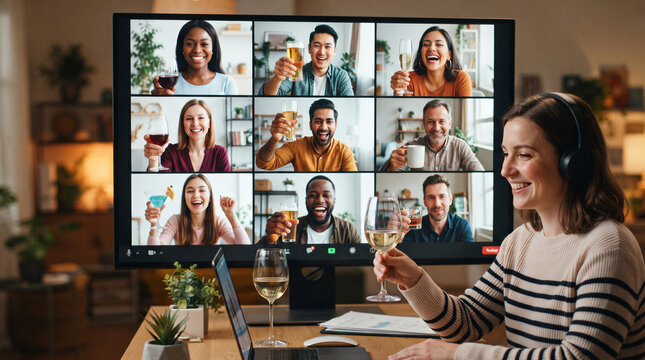 Group video call celebration with people toasting drinks at home