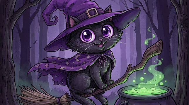 A black cat wearing a purple witch hat and cape stands with a broom and cauldron