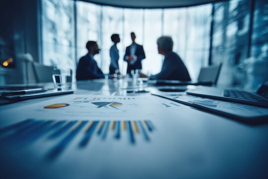 Business leaders reviewing economic shock projections and financial charts during a strategy meeting in a modern office, assessing market uncertainty to guide crisis management and business decisions