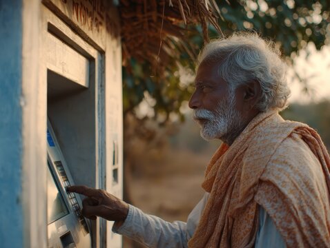 Elderly Indian man using a digital banking kiosk in a rural village during daytime, representing financial inclusion, secure biometric technology, digital access and modern banking services