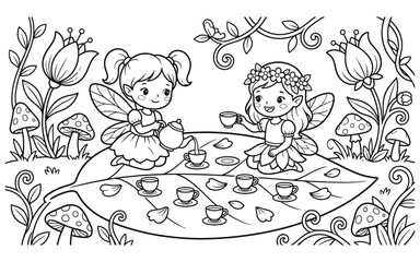 Fototapeta premium Cute little fairies having a tea party on a large leaf in a magical forest coloring page