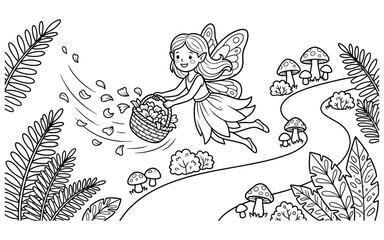 Obraz premium Cute fairy flying in a magical forest carrying a basket of flowers for a coloring page illustration