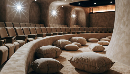 Obraz premium Retro pit seating combined with contemporary sand-colored performance fabric, soft clay walls, rounded plaster architecture, and dramatic oversized floor cushions.
