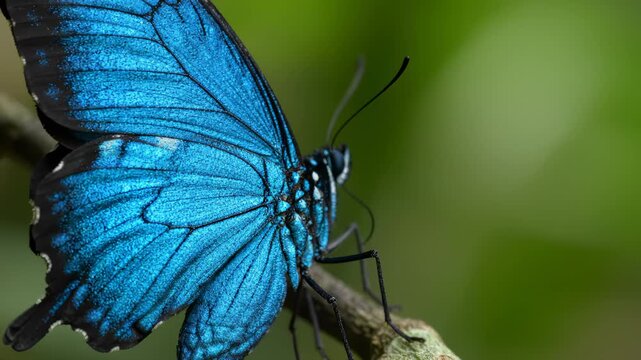 Stunning Blue Morpho Butterfly Resting on a Tree Branch in a Lush Tropical Forest