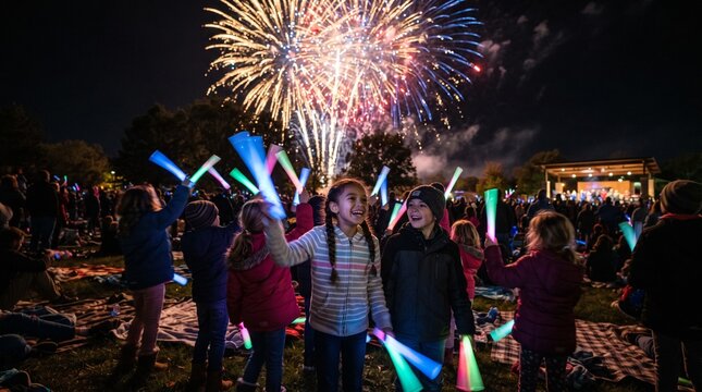 Children celebrating with glow sticks at a fireworks show at night