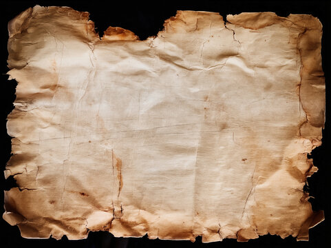 Old crumpled vintage paper sheet with burned torn edges and rich texture. Heavily damaged antique paper with creases, stains and wear, isolated on black background. Perfect overlay texture for design