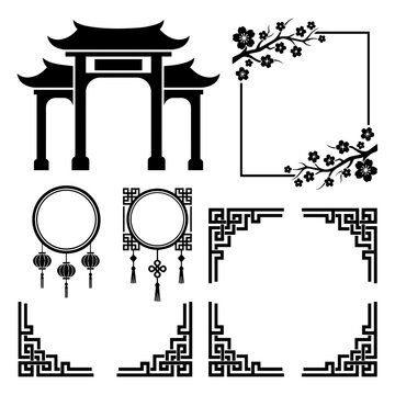 Set of black chinese gates floral frames lanterns corner ornaments with ornament