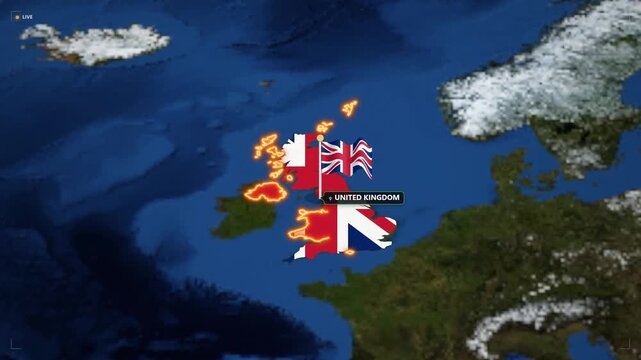 Animated 3D map of the united kingdom with national flag and glowing border for news, travel, and geopolitical presentations