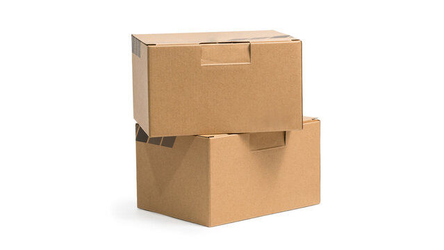 Stacked brown cardboard delivery boxes with top open box isolated on white background