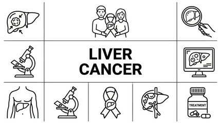 Naklejka premium A collection of medical icons representing liver cancer diagnosis research treatment and support for patients in a simple style