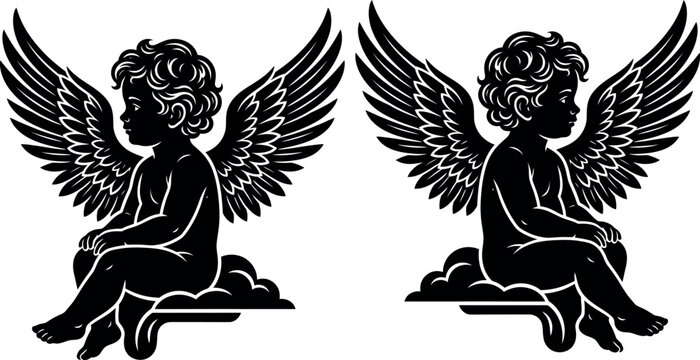 Two cherub silhouettes with wings seated on clouds black and white