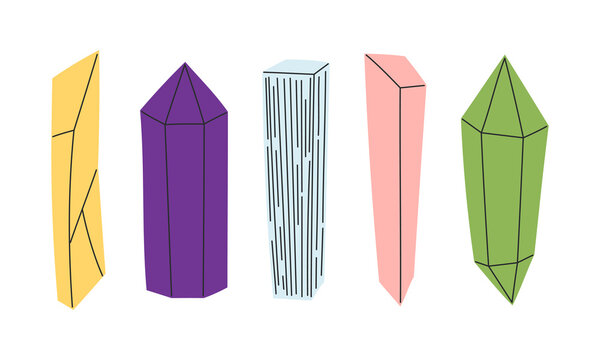 Row of five tall faceted crystal towers resembling amethyst, citrine and rose quartz healing stones standing side by side. Flat vector illustration