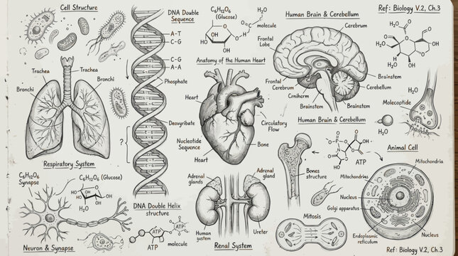 Detailed vintage anatomical sketch showing various human organs like the heart lungs brain and kidneys with handwritten scientific notes