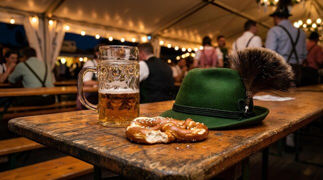 Traditional Oktoberfest setup with beer, pretzel, and Bavarian hat.