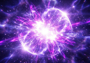 Fototapeta premium Purple spherical energy explosion with glowing light particles and abstract cosmic rays.