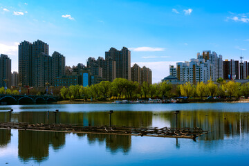 Fototapeta premium Spring urban lakeside park, lake reflecting residential buildings and Chinese pavilion