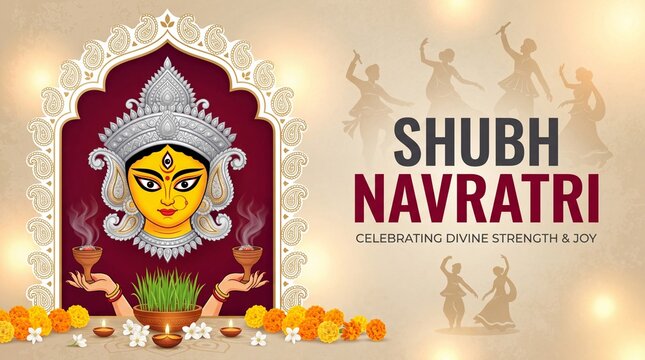 creative vector sketch illustration of Goddess Durga puja celebration for,Subh Navratri,Durga Puja religious banner with colorful background.