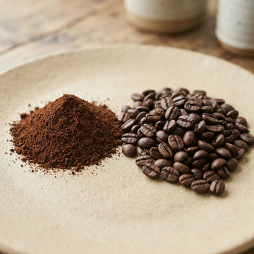 Ground coffee and whole beans side by side on a round white ceramic plate