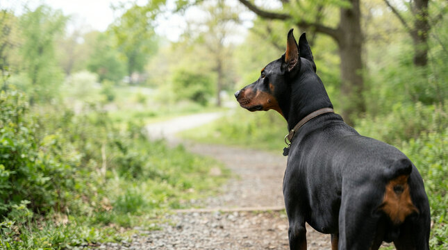 Doberman standing on a gravel path facing away into a green woodland outdoors