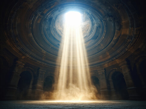 Ancient temple interior with divine light beam through archway