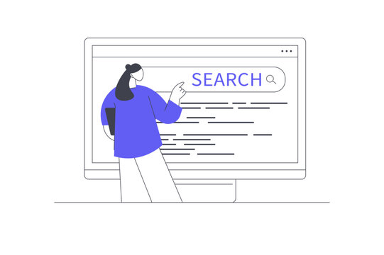 Watching Lectures Online and Digital Search Query Information. Female Specialist Pointing at Search Bar Window on Large Computer Monitor. Flat Cartoon Vector Illustration, icon Stylish abstract design