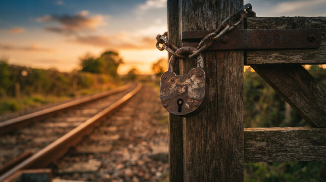 Rusty padlock on a wooden gate before railway tracks at sunset in soft daylight