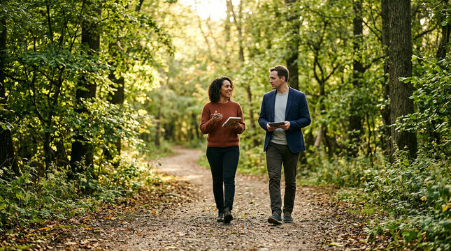 Two people walking and talking on forest path carrying tablets surrounded by tall trees and dense