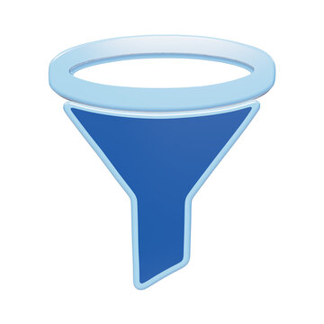 3D rendered blue funnel icon for data filtering and process optimization concepts in digital business and analytical software tools isolated on a transparent background