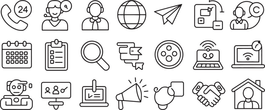 Zdf Icons Set with Communication, Business, and Technology Symbols. Line Art Design for Website or App Interface